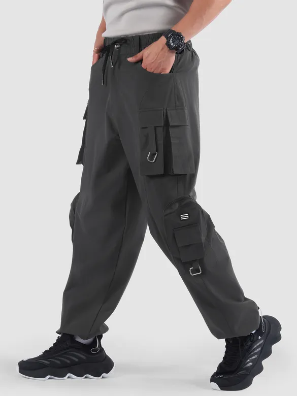 Dark Grey 11 Pocket Buckle Cargo Pants