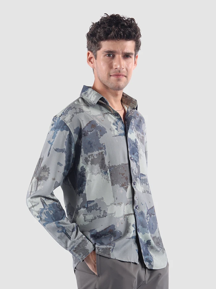 Light Grey &amp; Blue Modern Abstract Printed Shirt