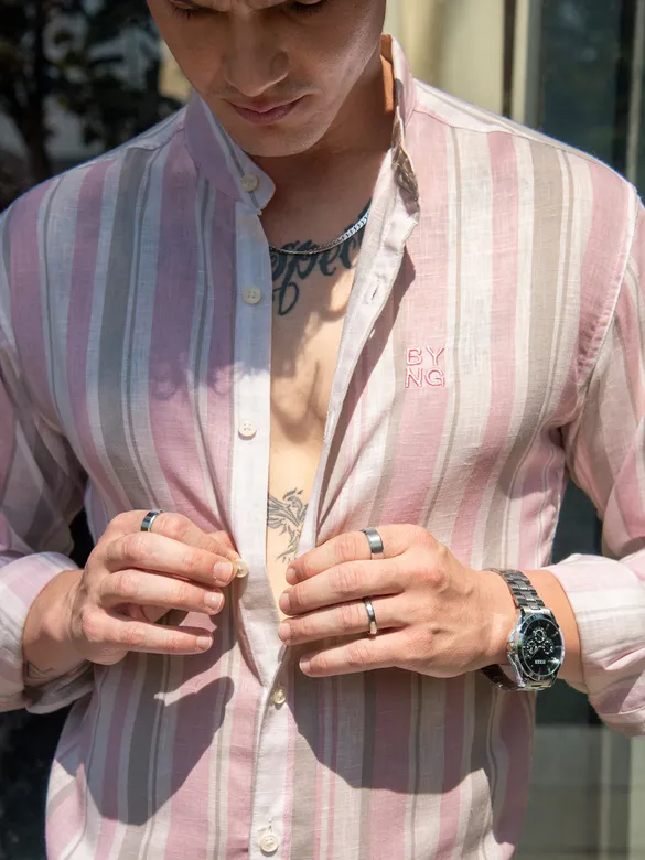 Light Pink Stripe Mandarin Collar Shirt