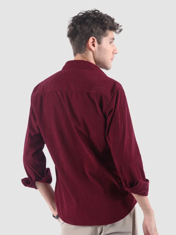 Maroon Lazer Cut Floral Textured Corduroy Shirt