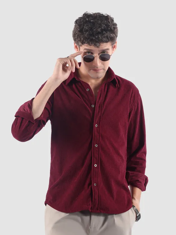 Maroon Lazer Cut Floral Textured Corduroy Shirt