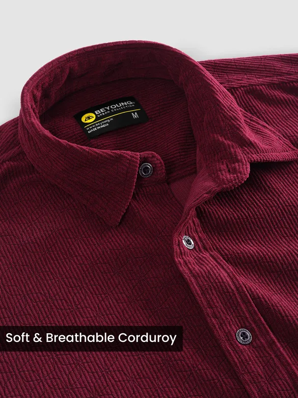 Maroon Lazer Cut Floral Textured Corduroy Shirt