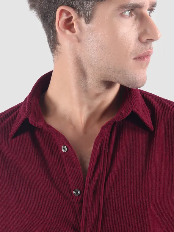 Maroon Lazer Cut Floral Textured Corduroy Shirt