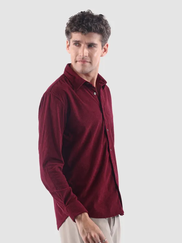 Maroon Lazer Cut Floral Textured Corduroy Shirt