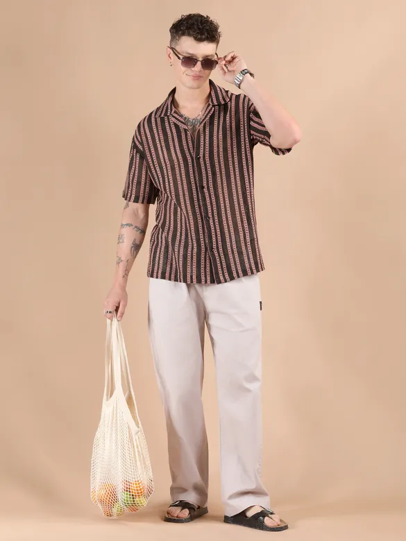 Mauve Stripe Crochet Half-Sleeves Shirt