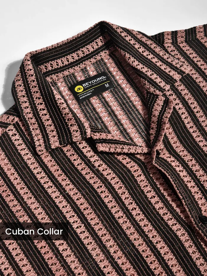Mauve Stripe Crochet Half-Sleeves Shirt