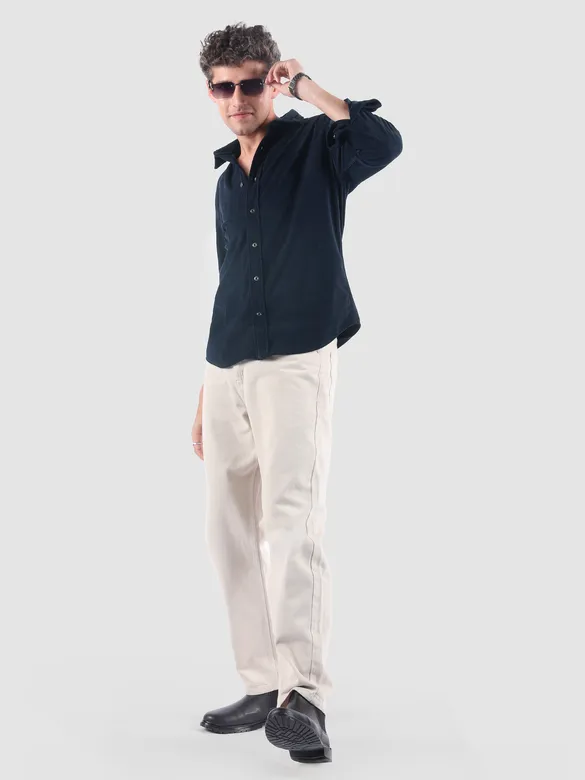 Navy Lazer Cut Floral Textured Corduroy Shirt