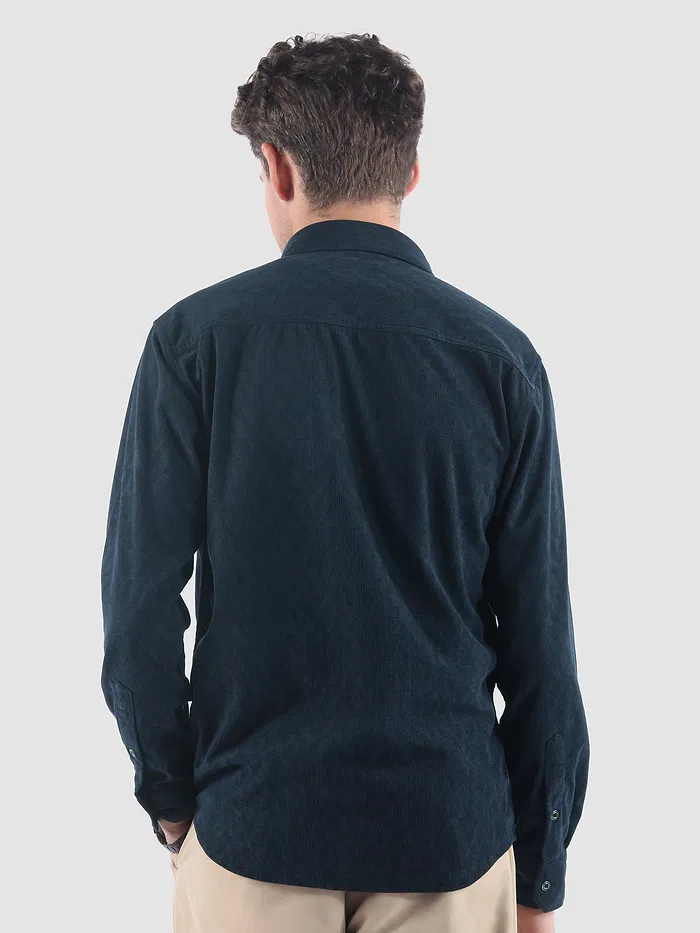 Navy Lazer Cut Stripe Textured Corduroy Shirt