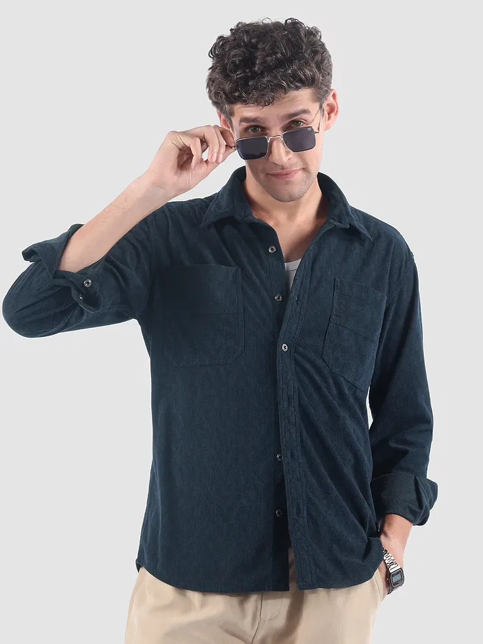 Navy Lazer Cut Stripe Textured Corduroy Shirt
