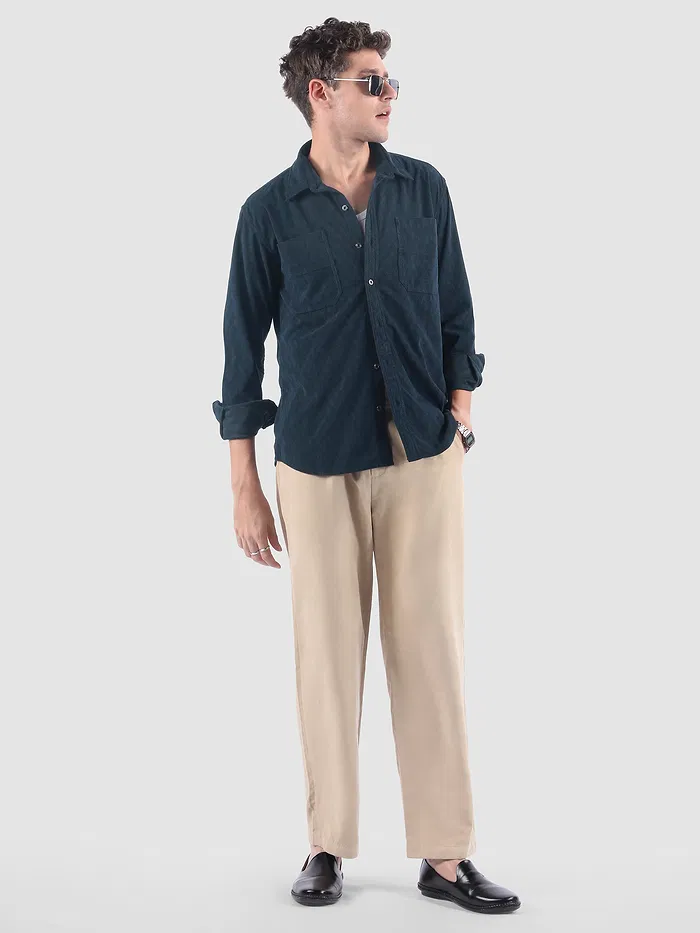 Navy Lazer Cut Stripe Textured Corduroy Shirt