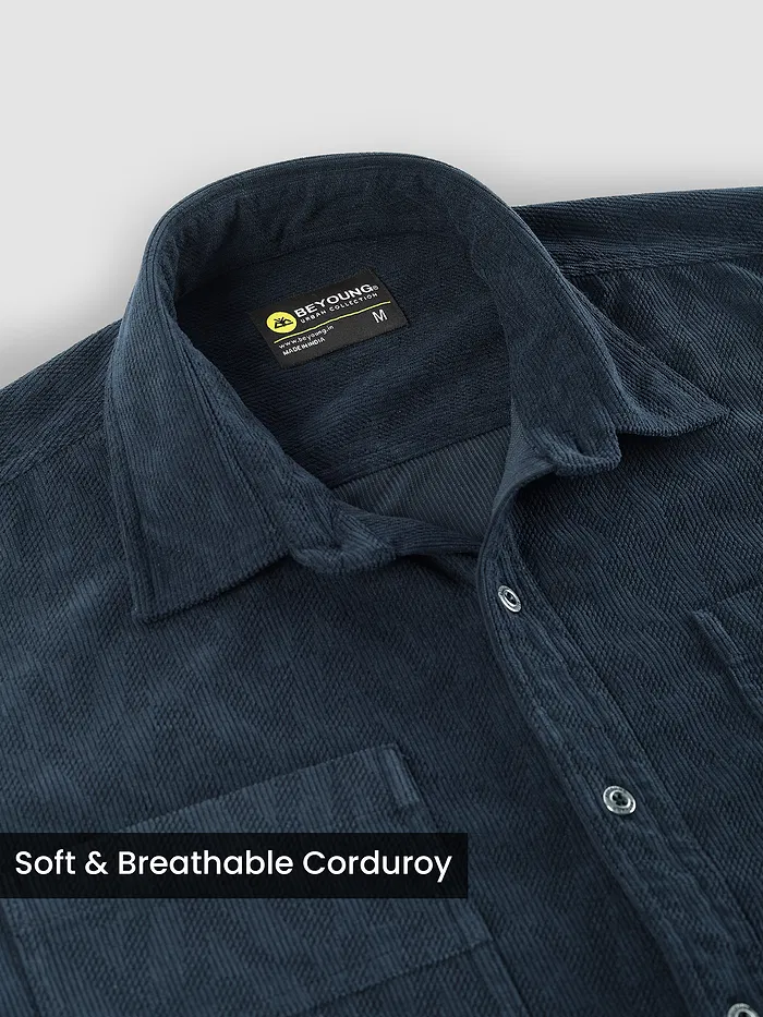 Navy Lazer Cut Stripe Textured Corduroy Shirt