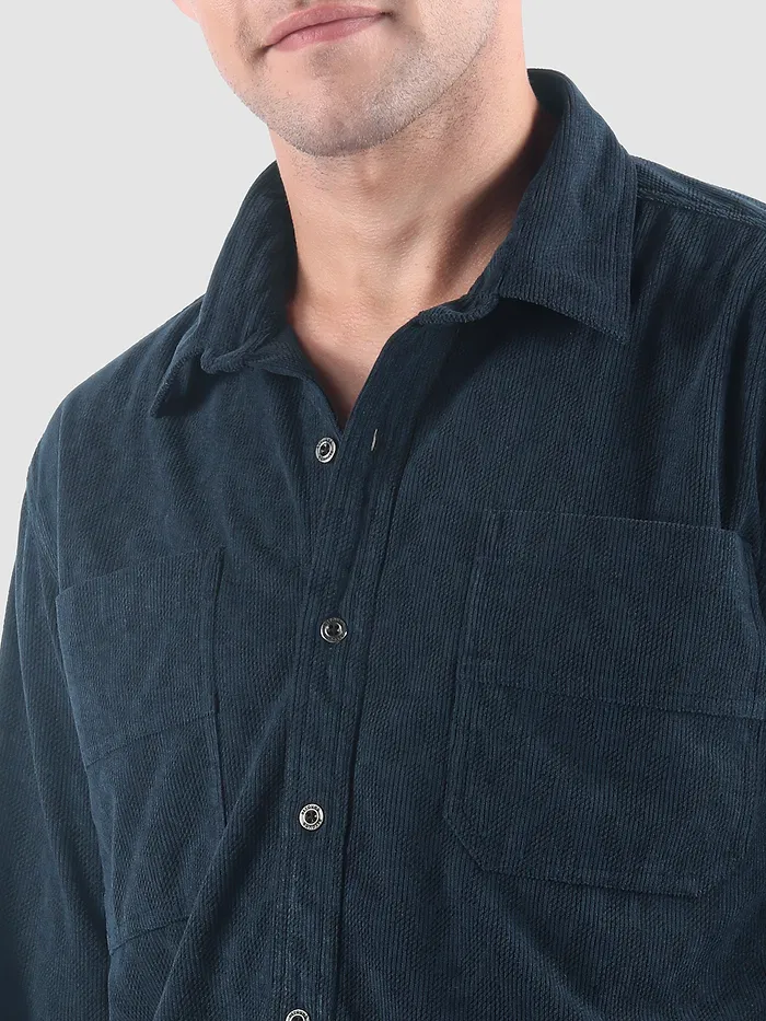 Navy Lazer Cut Stripe Textured Corduroy Shirt