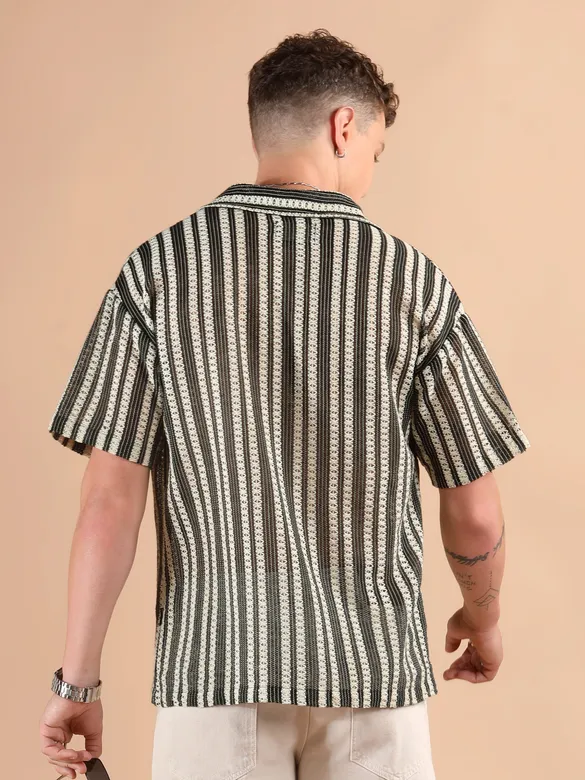Off White Stripe Crochet Half-Sleeves Shirt