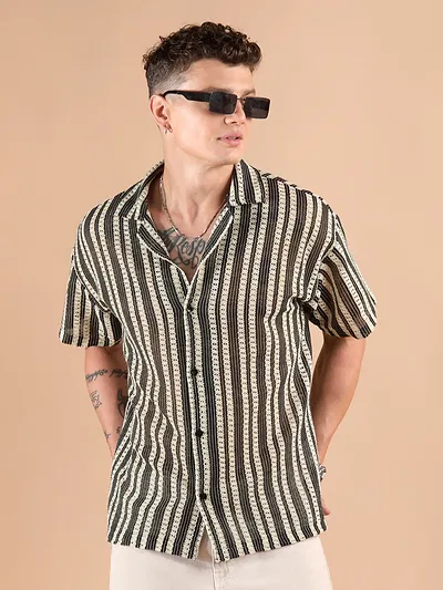 Off White Stripe Crochet Half-Sleeves Shirt