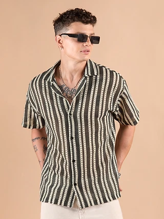 Off White Stripe Crochet Half-Sleeves Shirt