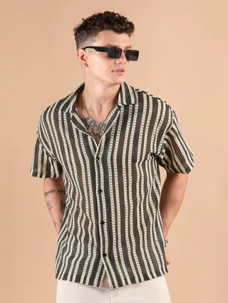 Off White Stripe Crochet Half-Sleeves Shirt