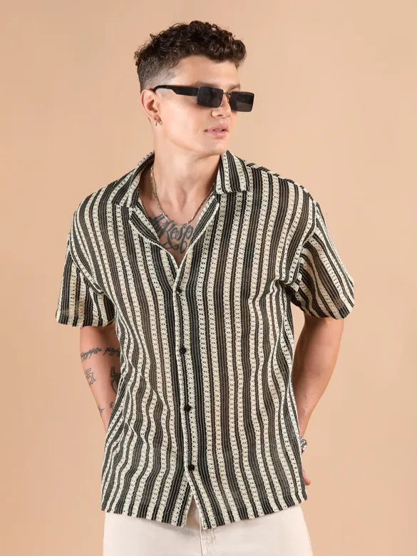 Off White Stripe Crochet Half-Sleeves Shirt