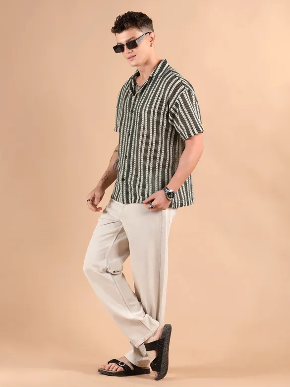 Off White Stripe Crochet Half-Sleeves Shirt