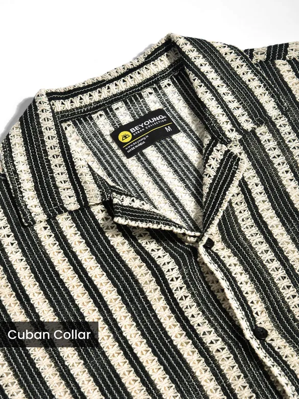 Off White Stripe Crochet Half-Sleeves Shirt