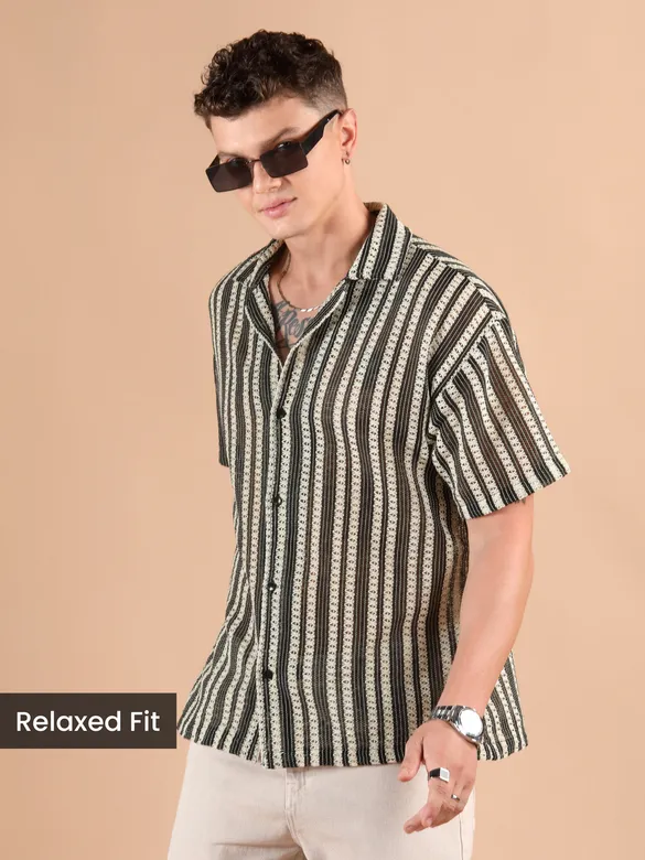 Off White Stripe Crochet Half-Sleeves Shirt