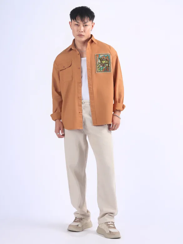 Orange Embroidered Applique Patch Shirt