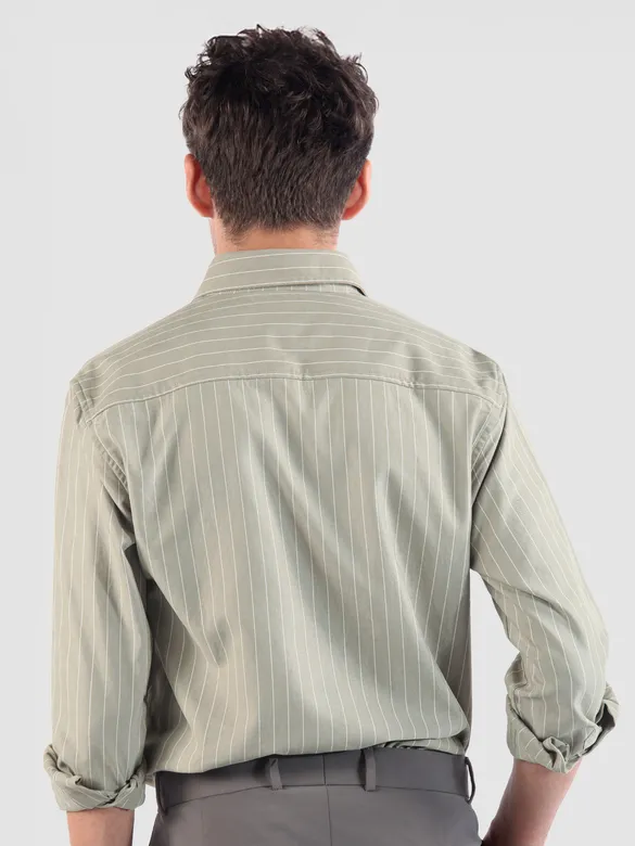 Pale Olive Green Stripe Button Down Collar Shirt