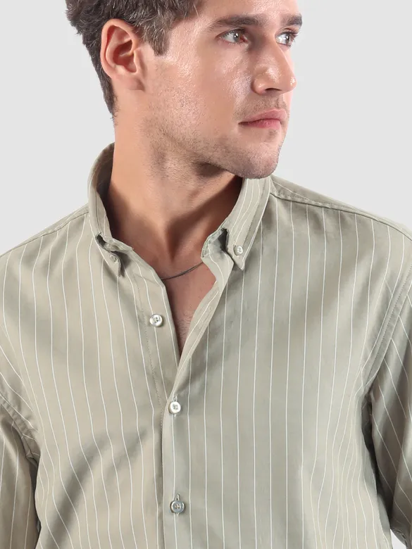 Pale Olive Green Stripe Button Down Collar Shirt