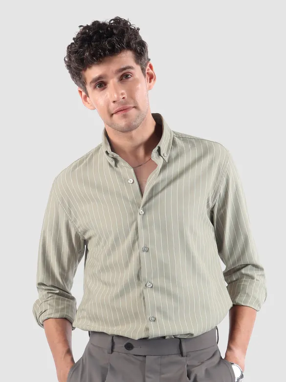 Pale Olive Green Stripe Button Down Collar Shirt
