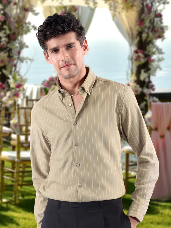 Sand Brown Stripe Button Down Collar Shirt