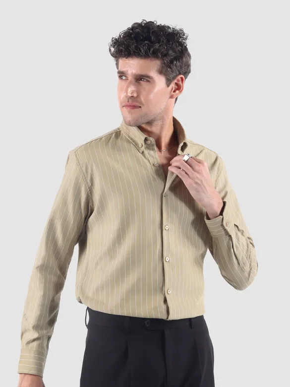 Sand Brown Stripe Button Down Collar Shirt
