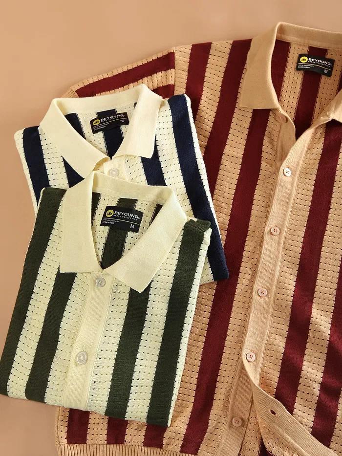 Navy Blue Striped Flat Knit Shirt