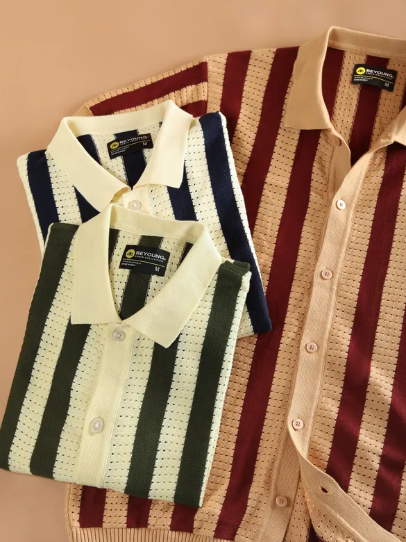 Navy Blue Striped Flat Knit Shirt