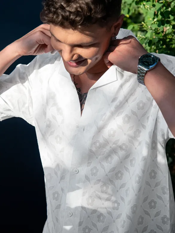 White Cutwork Jacquard Cuban Shirt