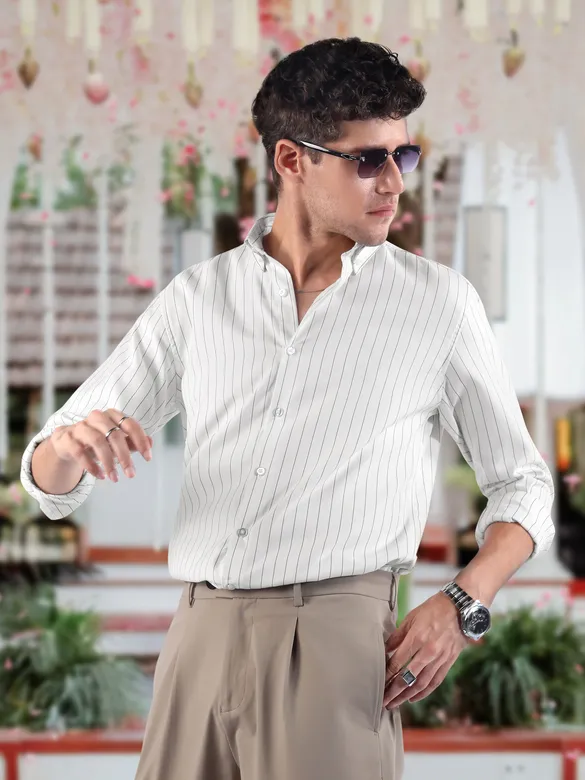 White Stripe Button Down Collar Shirt