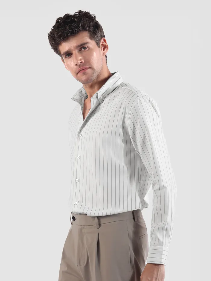 White Stripe Button Down Collar Shirt