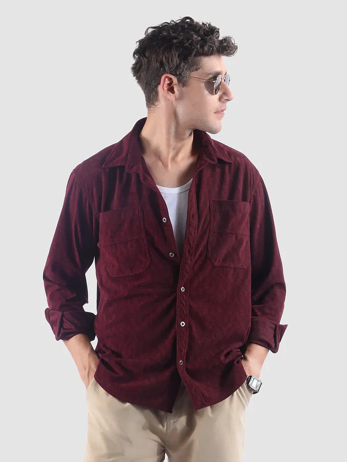 Wine Lazer Cut Stripe Textured Corduroy Shirt