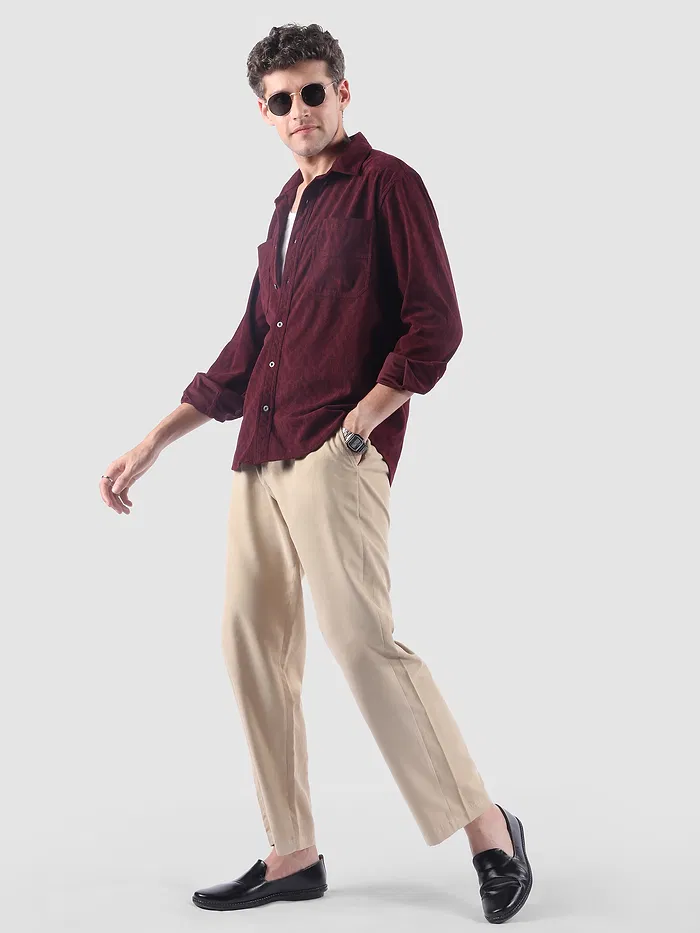 Wine Lazer Cut Stripe Textured Corduroy Shirt