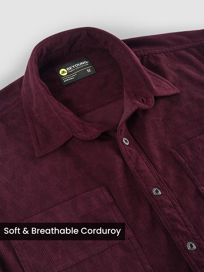 Wine Lazer Cut Stripe Textured Corduroy Shirt
