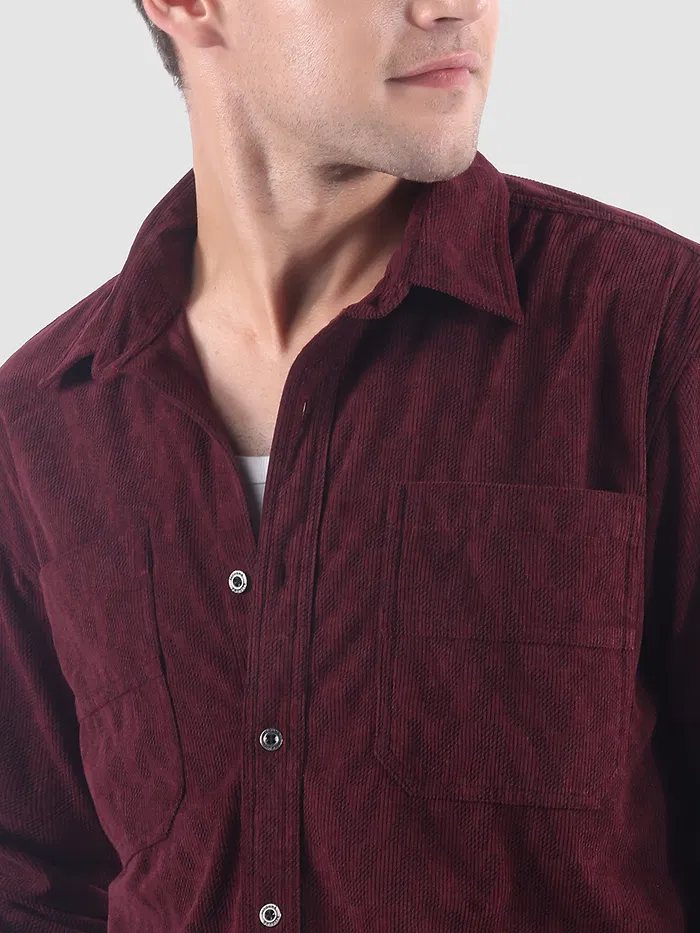 Wine Lazer Cut Stripe Textured Corduroy Shirt