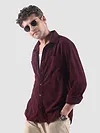 Wine Lazer Cut Stripe Textured Corduroy Shirt
