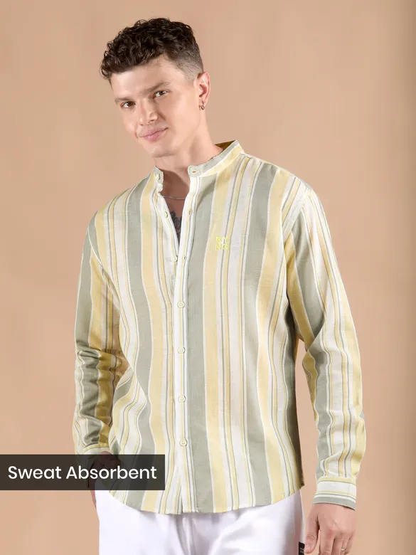 Yellow And Grey Stripe Mandarin Collar Shirt