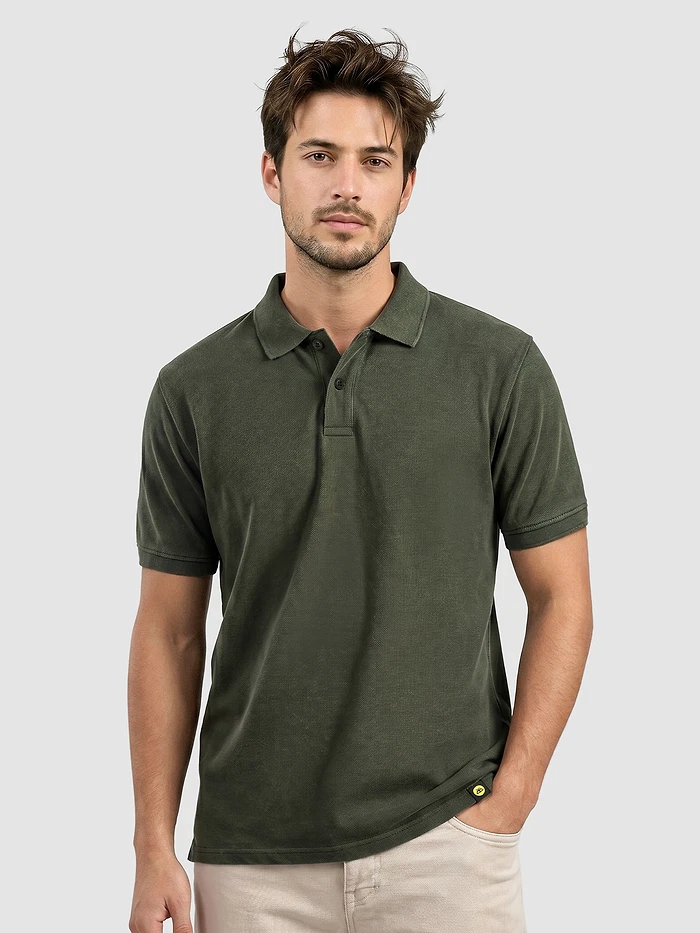 Deep Olive Acid Wash Polo T-shirt