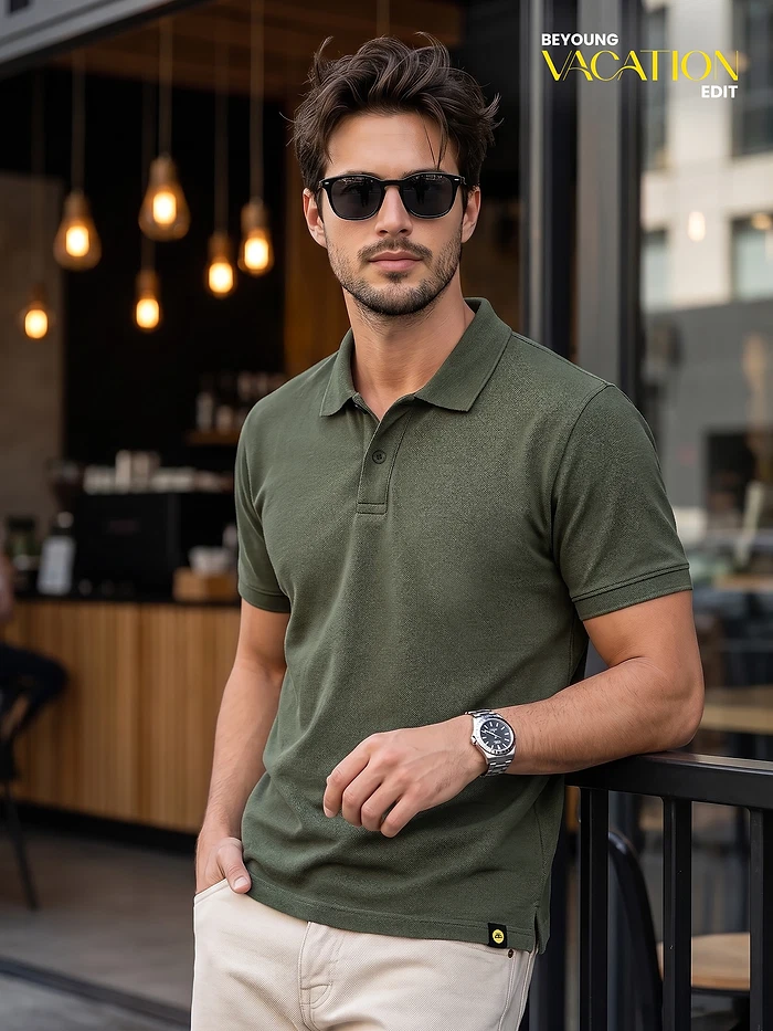 Deep Olive Acid Wash Polo T-shirt
