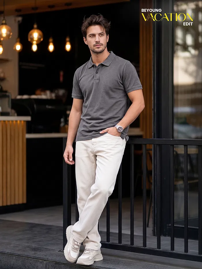 Grey Acid Wash Polo T-shirt