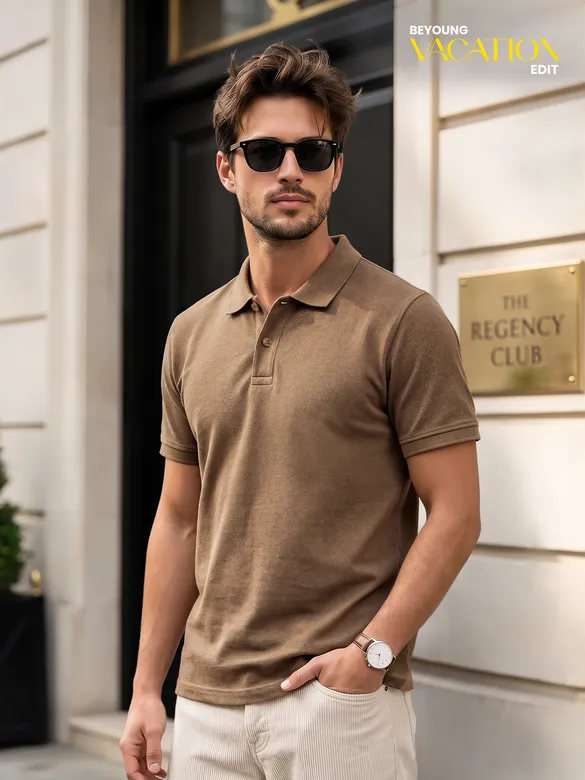 Sand Brown Acid Wash Polo T-shirt