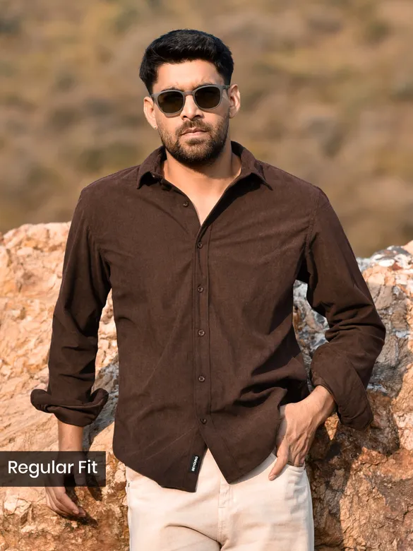 Brown Solid Corduroy Shirt