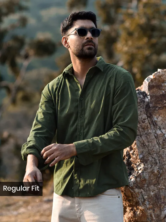Olive Green Solid Corduroy Shirt