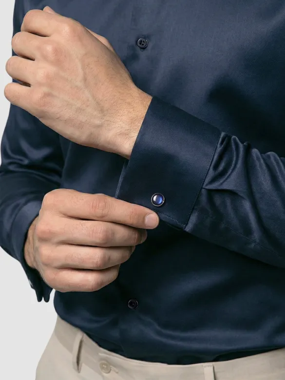 Navy Double Cuff Satin Shirt