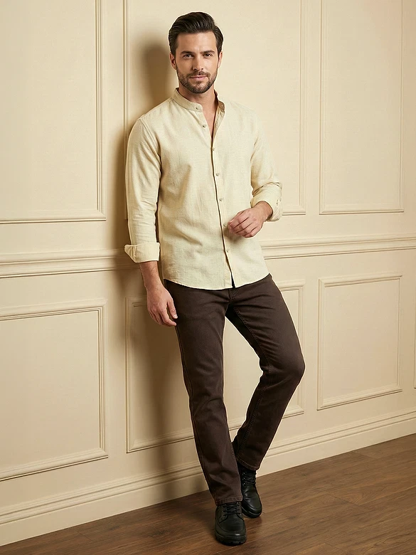 Beige Breezy Stand Collar Shirt