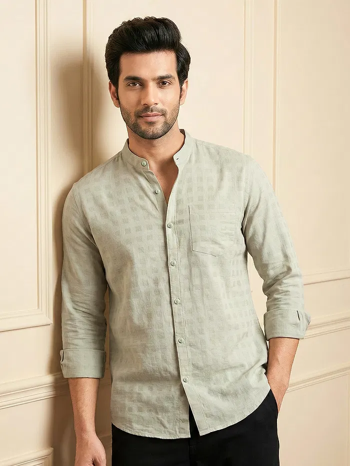 Beige Mandarin Collar Textured Shirt